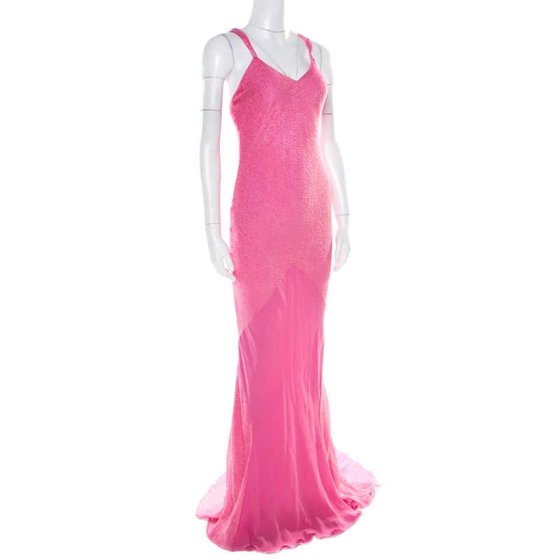 

John Galliano Pink Textured Draped High Low Maxi Dress