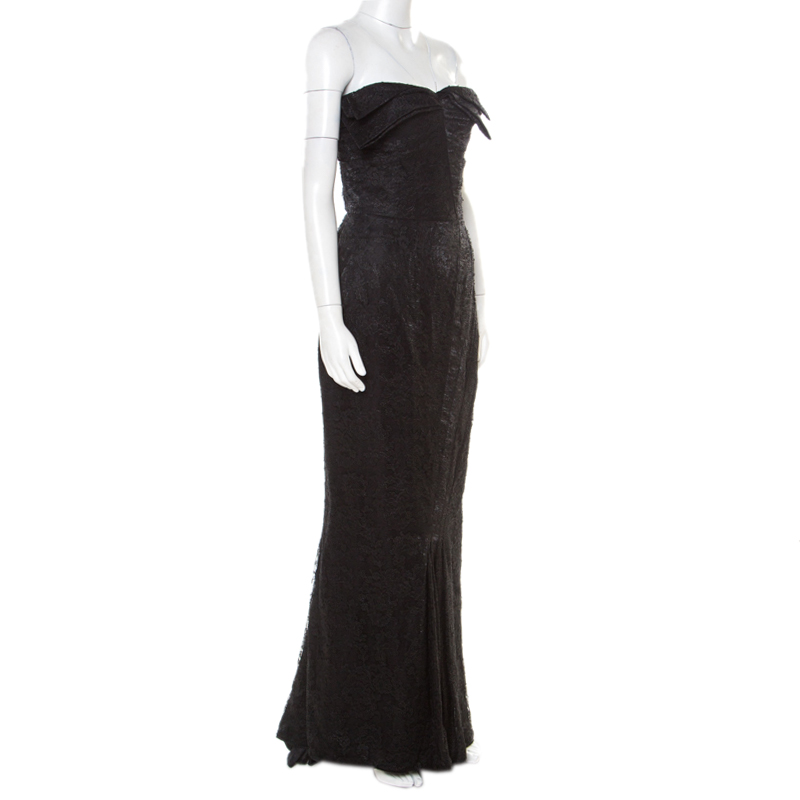 

John Galliano Black Floral Lace Draped Bodice Strapless Evening Gown