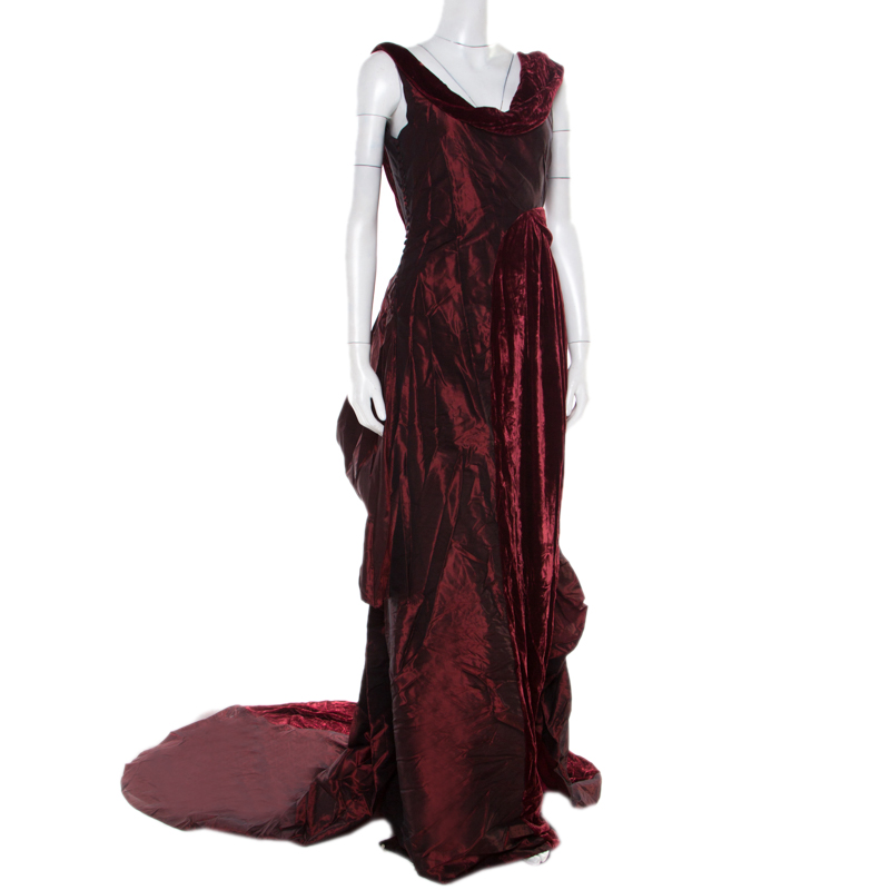 

John Galliano Burgundy Velvet Trim Sleeveless Evening Gown