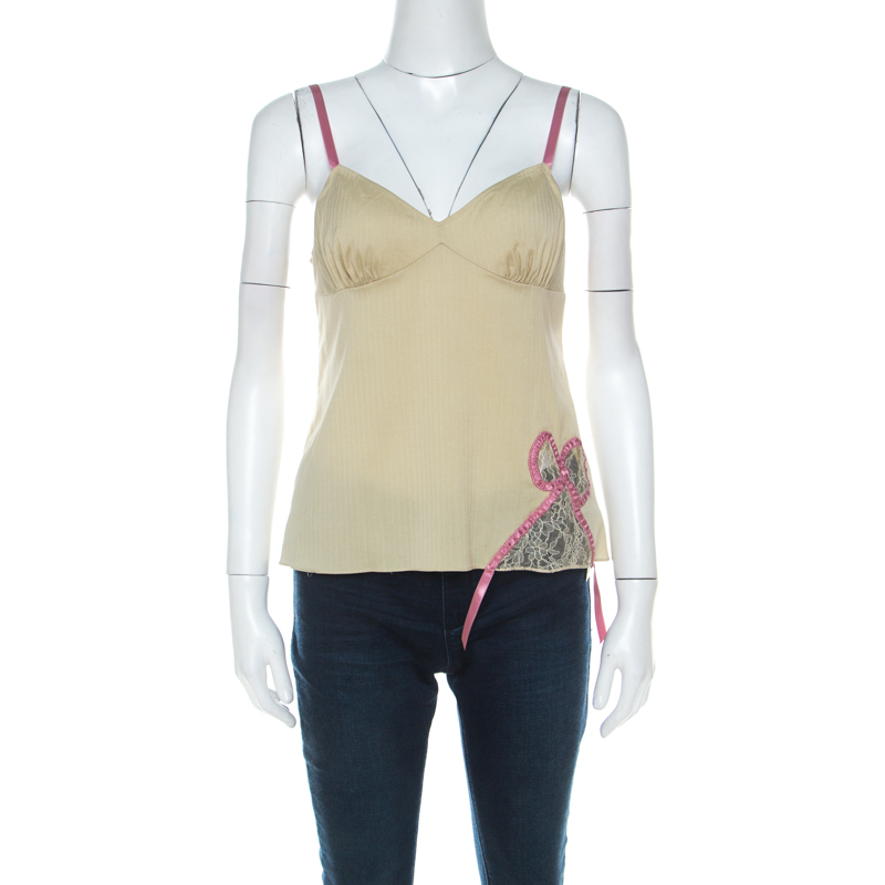 

John Galliano Green Stretch Cotton and Lace Bow Detail Camisole Top