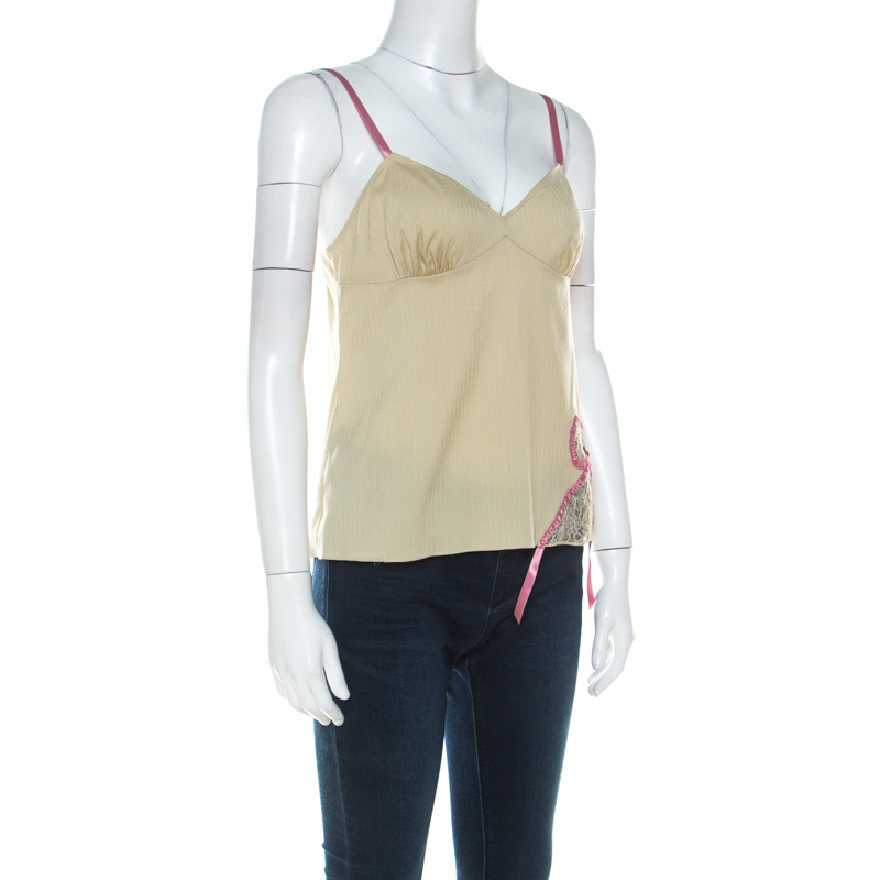 Pre-owned John Galliano Green Stretch Cotton And Lace Bow Detail Camisole Top M