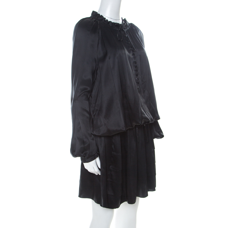 

John Galliano Black Silk Ruffle Trim Detail Drawstring Short Dress