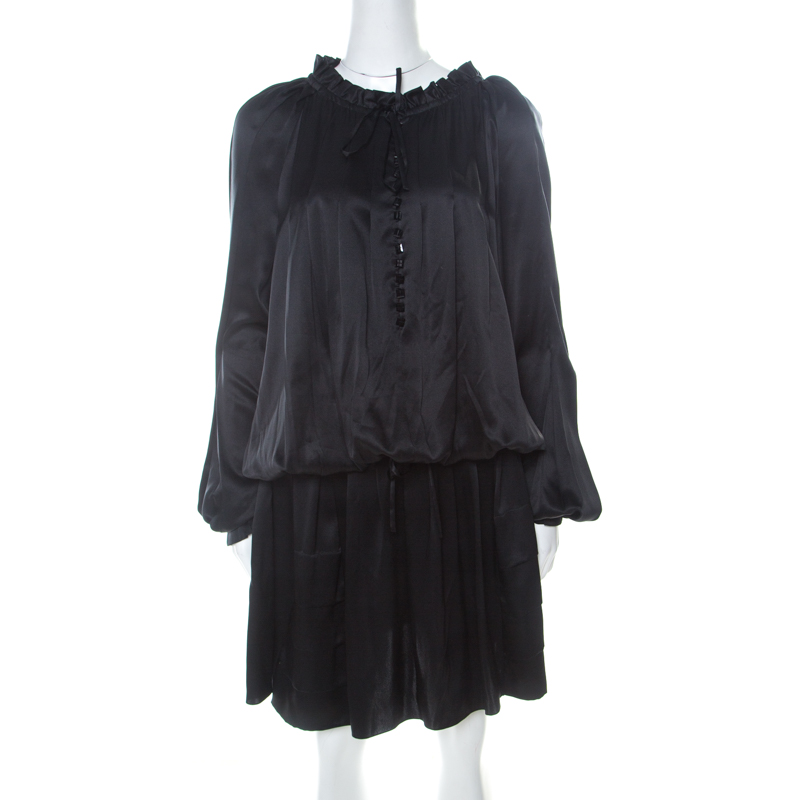 John Galliano Black Silk Ruffle Trim Detail Drawstring Short Dress XL ...
