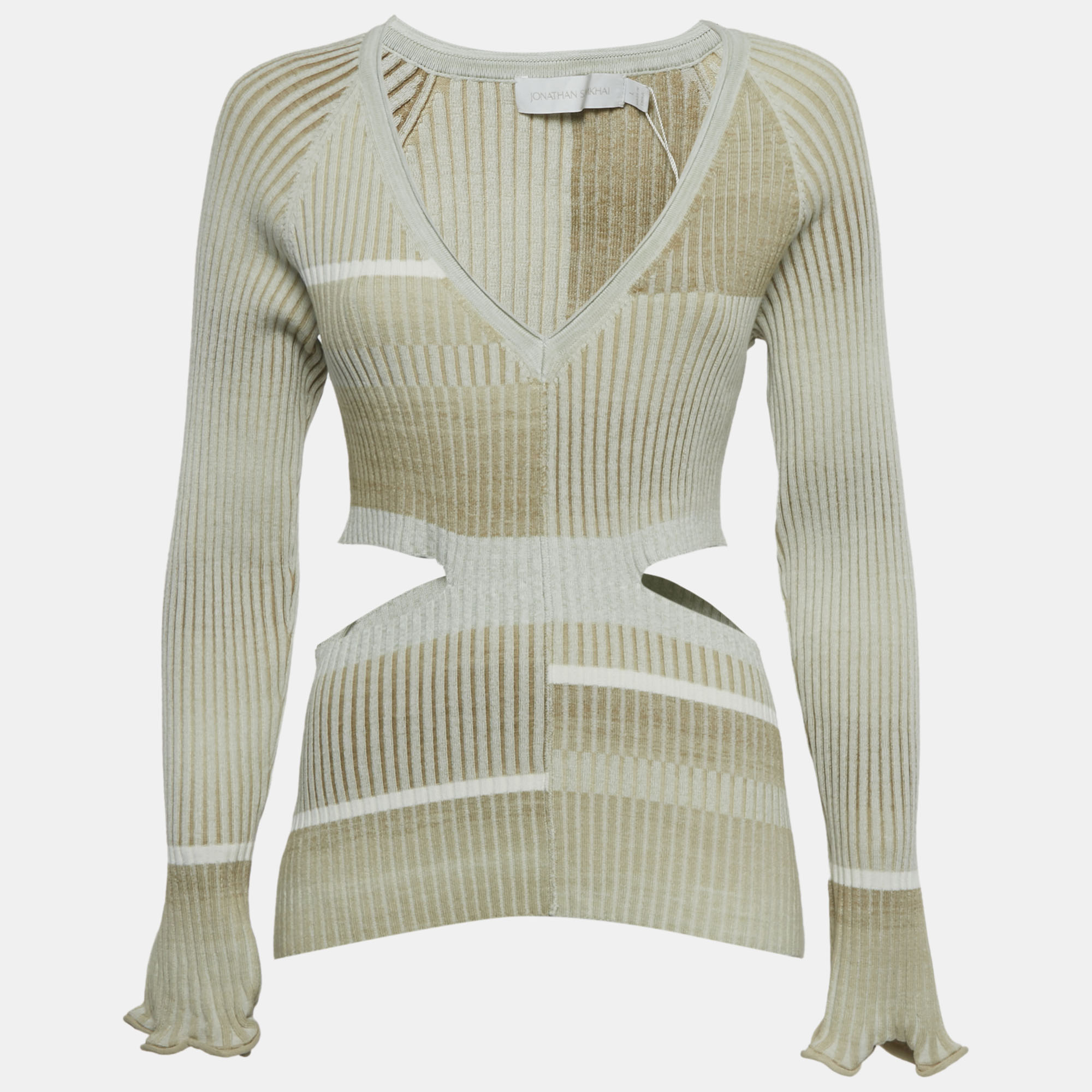 Pre-owned Simkhai Beige Peyton Striped Rib Knit Cut-out Top L In Sand