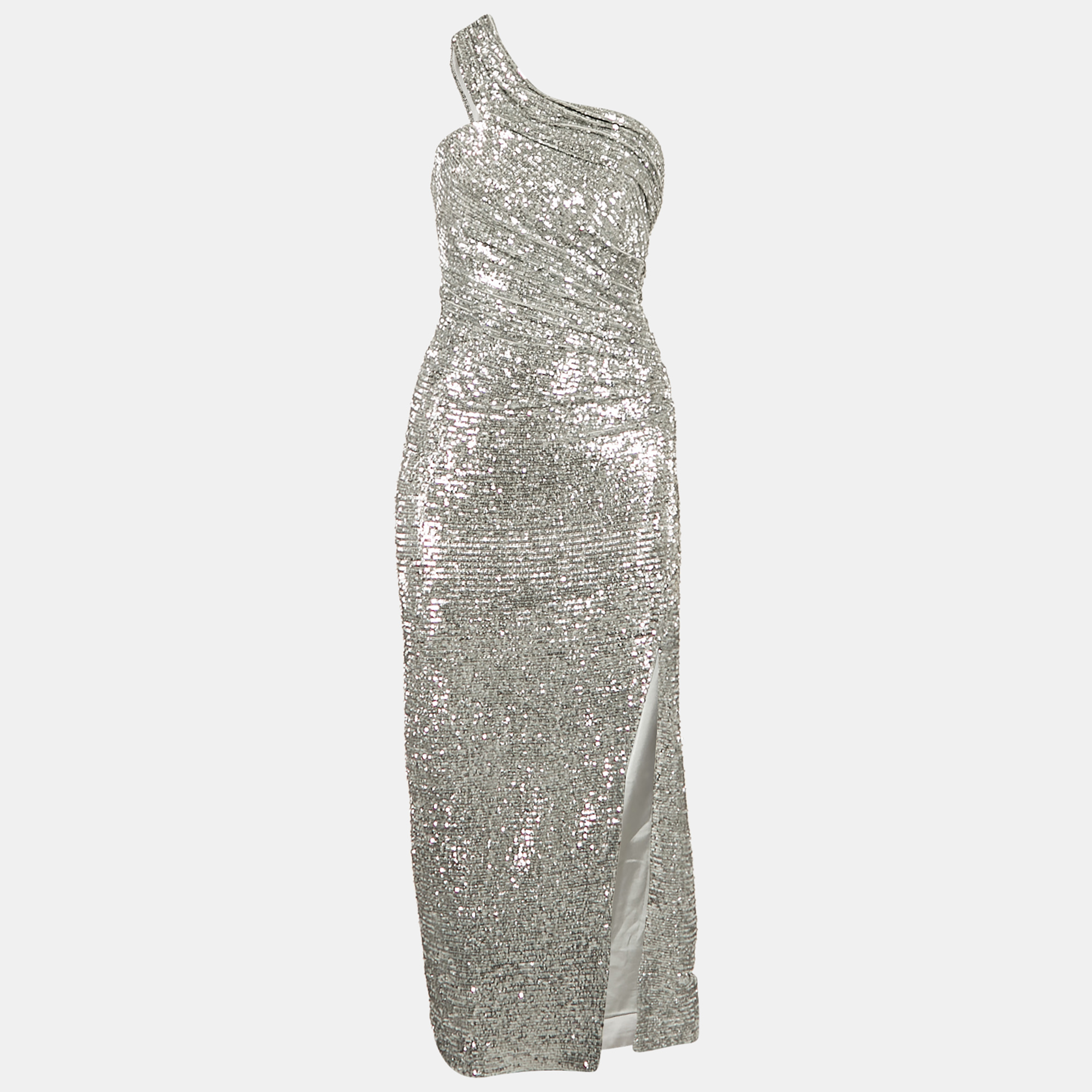 

Jonathan Simkhai Silver One Shoulder Sequin Midi Dress S