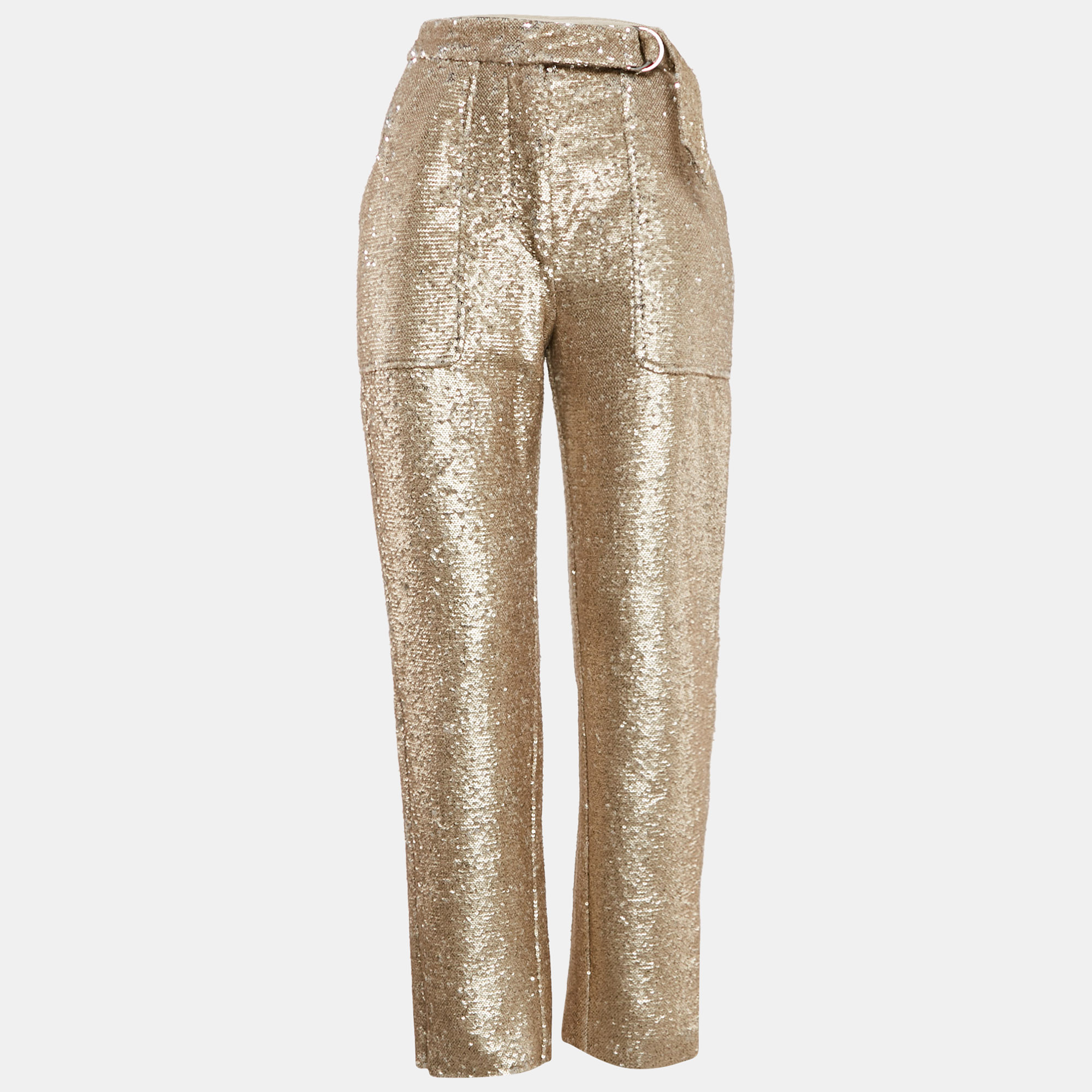 

Jonathan Simkhai Gold Sequin Waist Tie-Up Belt Detail Trousers S