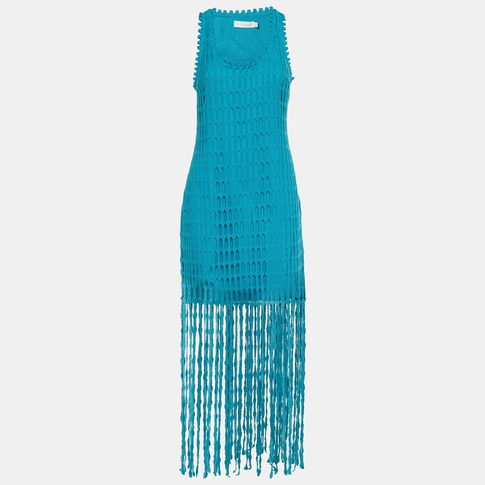 

Jonathan Simkhai Blue Crochet Knit Janette Fringed Dress S