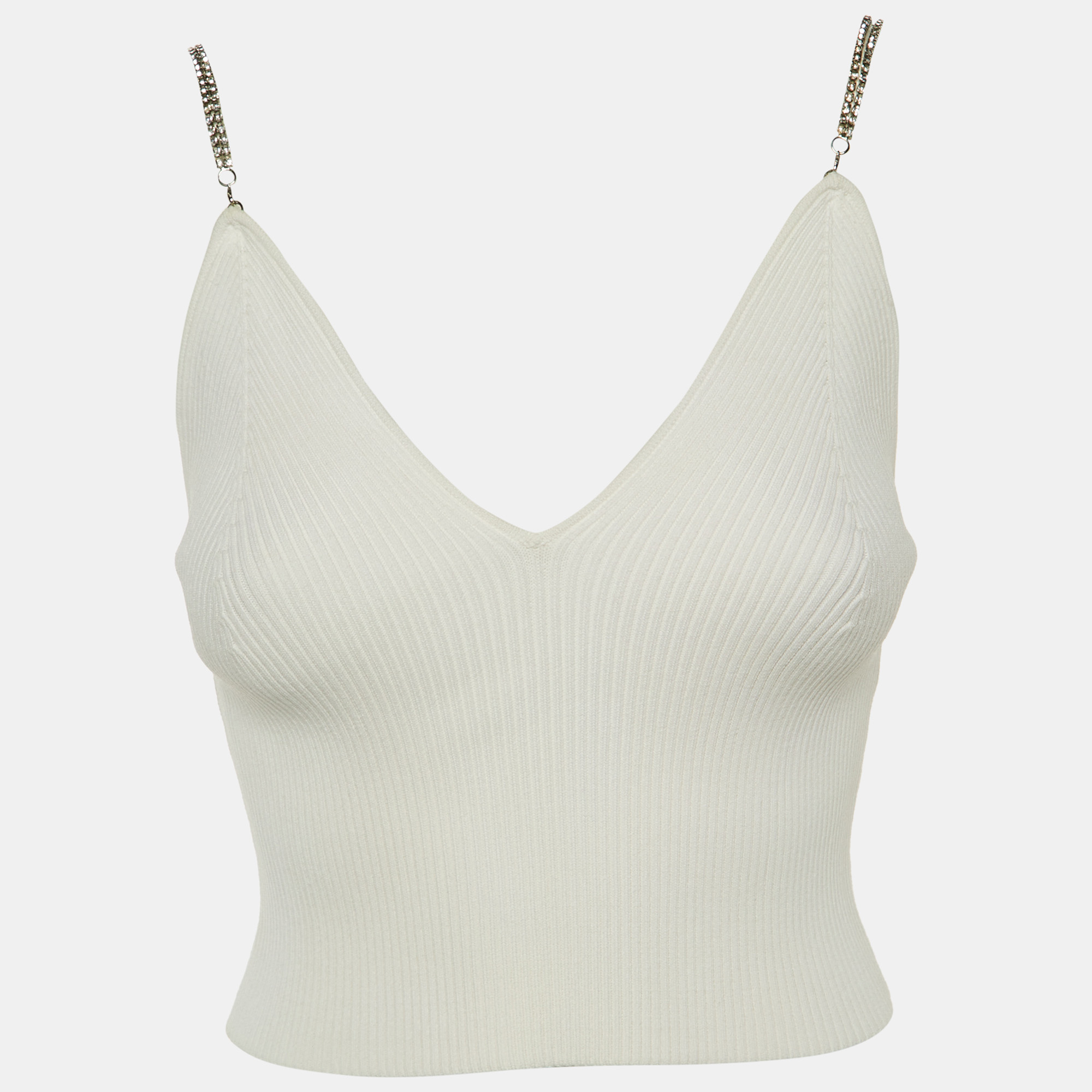 Pre-owned Simkhai White Rib Knit Stone Studded Cain Shoulder Detail Crop Top S