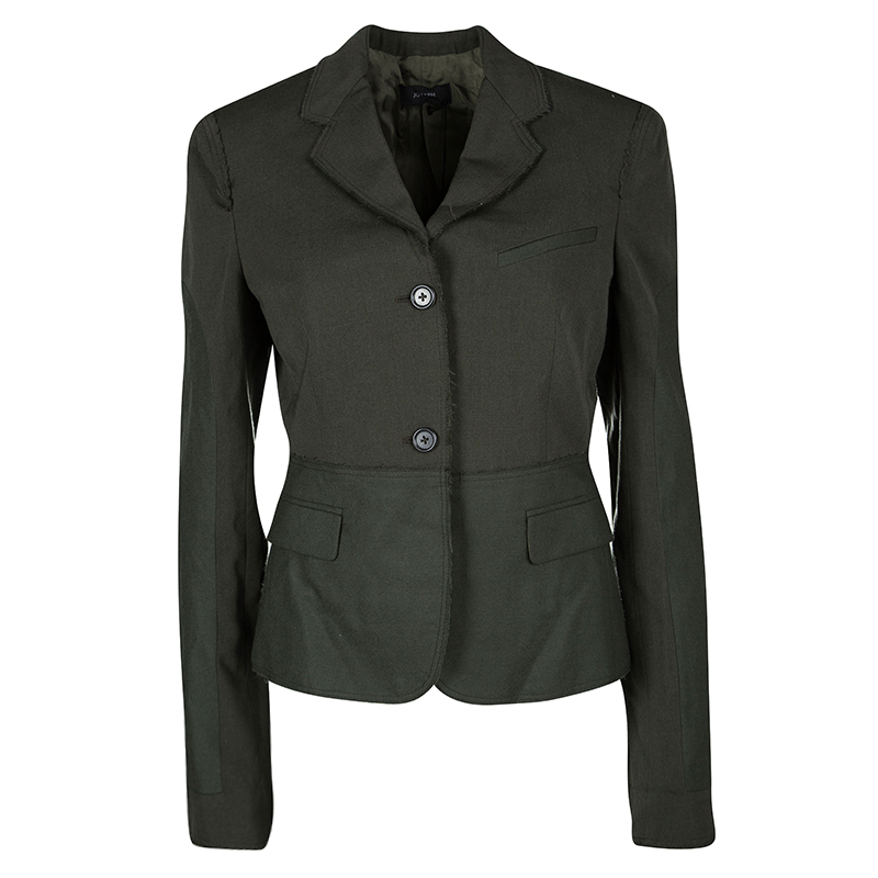 Pre Owned Joseph Khaki Gabardine Wool Frayed Trim Detail Bazz Blazer M