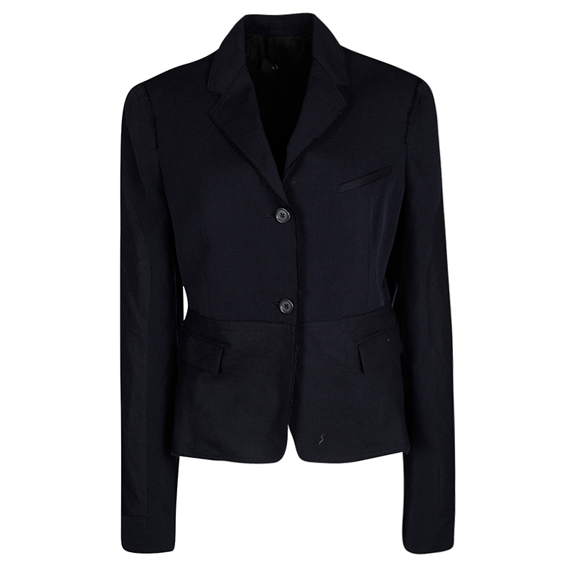 Pre Owned Joseph Navy Blue Gabardine Wool Frayed Trim Detail Bazz Blazer L