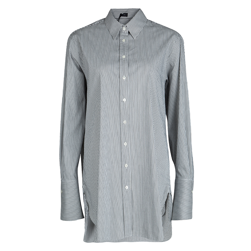 Joseph Monochrome Emile Striped Cotton Long Sleeve Button Front Shirt L