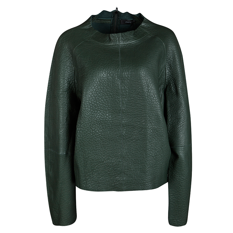 Joseph Forest Green Lambskin Bubble Leather Cropped Pullover L
