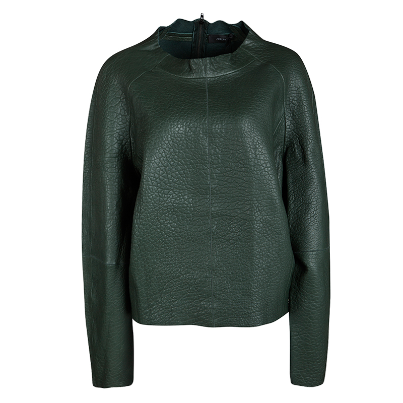 Pre Owned Joseph Forest Green Lambskin Bubble Leather Cropped Pullover M