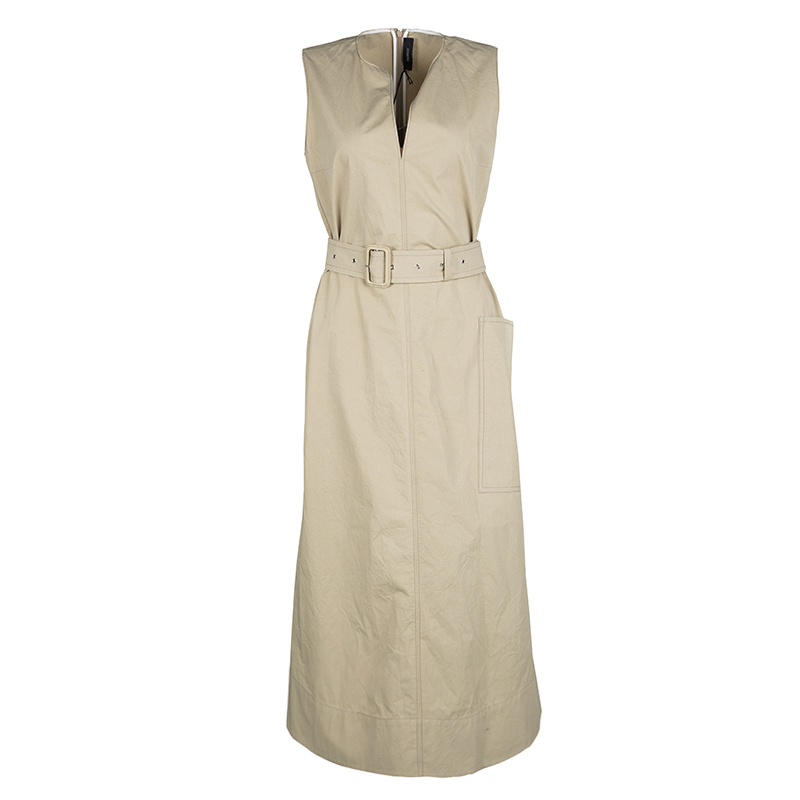 Joseph Beige Aged Cotton Teddy Sleeveless Belted Maxi Dress M