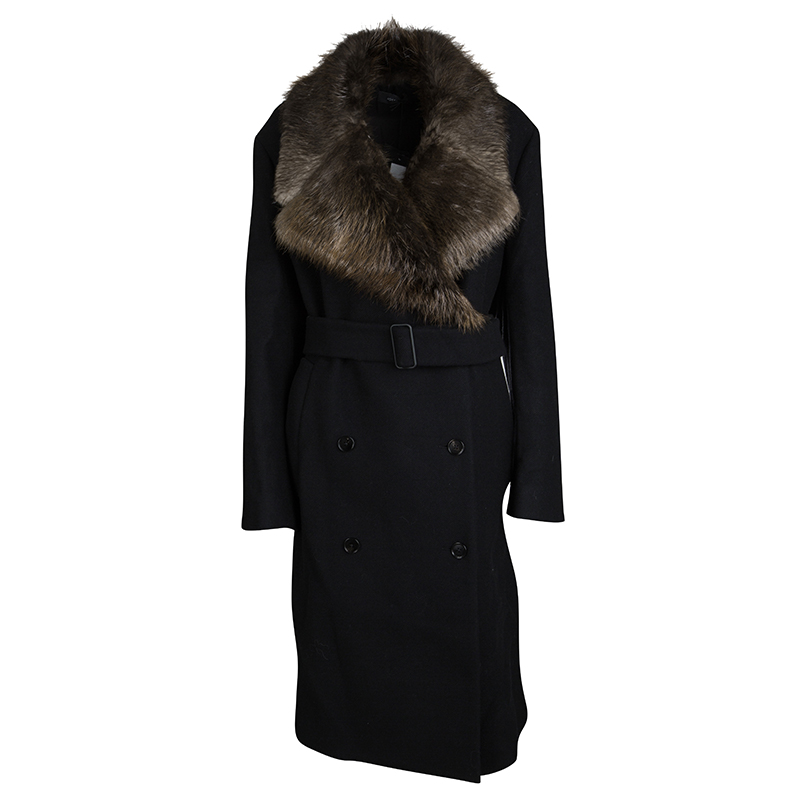 Joseph Black Wool Contrast Fur Collar Drap De Laine Belted Overcoat L