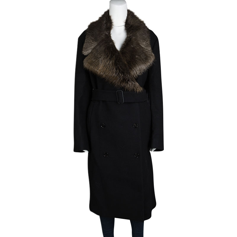 

Joseph Black Wool Contrast Fur Collar Drap De Laine Belted Overcoat