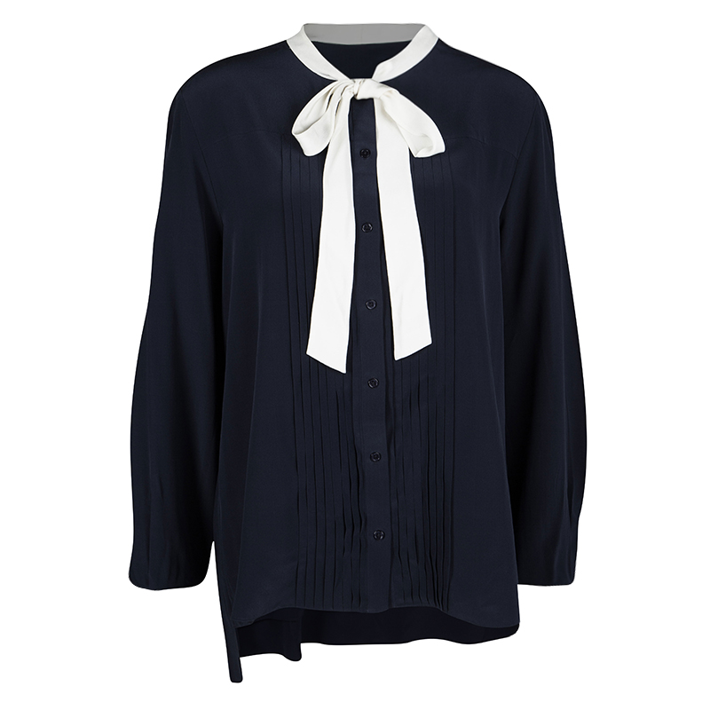 مملوكة مسبقًا Joseph Navy Blue Silk Contrast Tie Detail Victoire Blouse L
