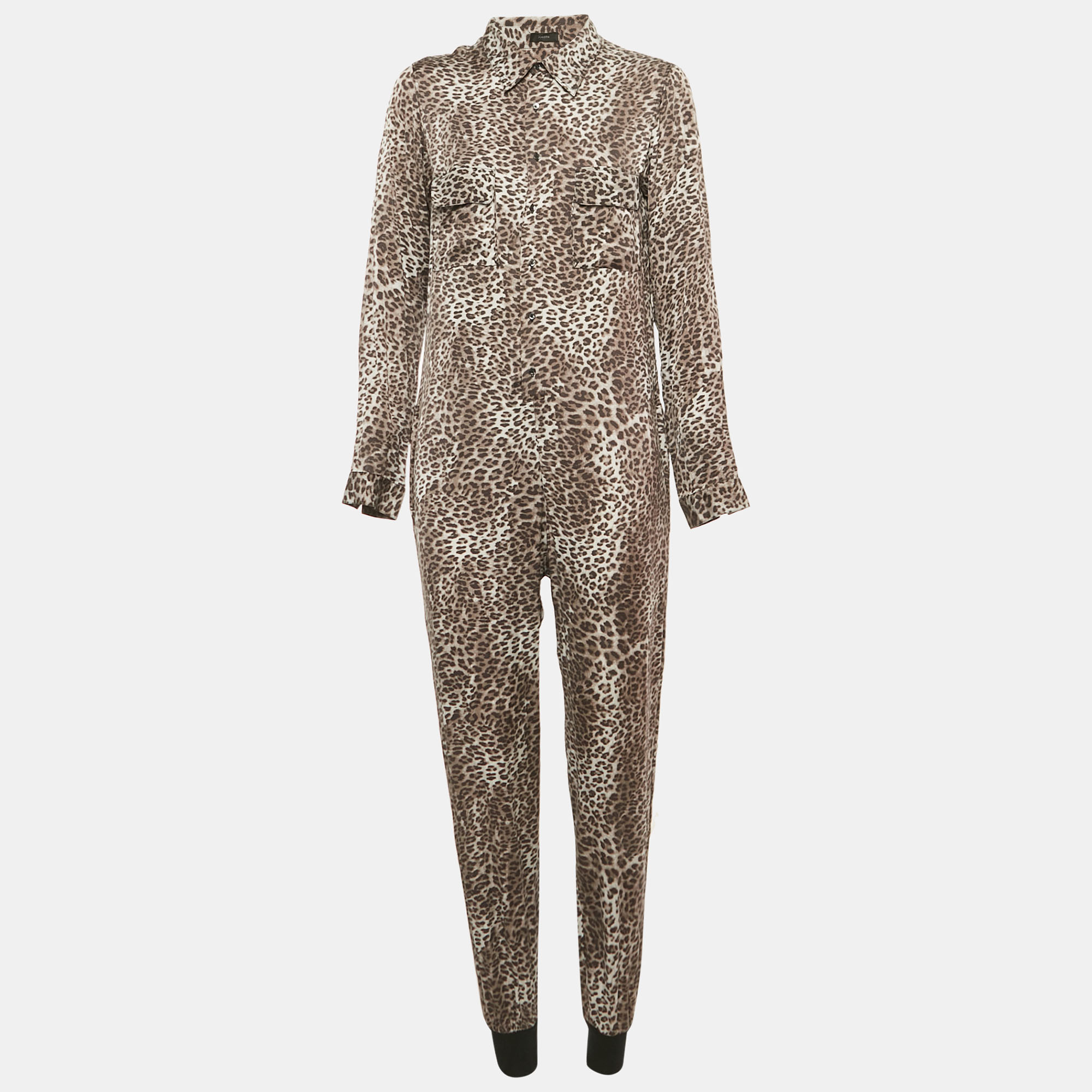 Pre-owned Joseph Grey Animal Print Silk Button Front Jumpsuit M In Gray
