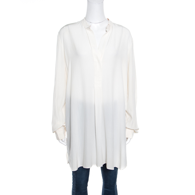 Pre Owned Joseph Off White Contrast Neckline Silk Crepe de Chine Dara Blouse L