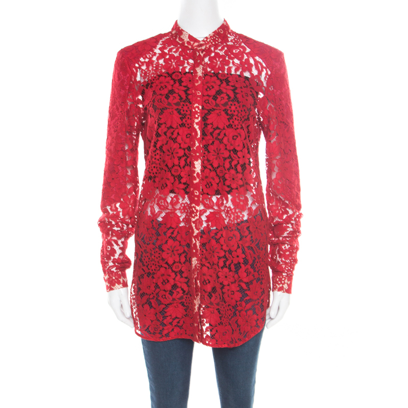 مملوكة مسبقًا قميص جوزيف ايدا أكمام طويلة ياقة ماندارين دانتيل زهور أحمر M