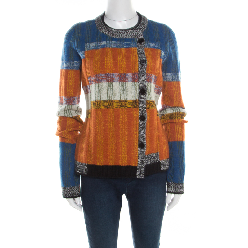 Joseph Multicolor Striped Wool Faux Wrap Button Detail Sweater L