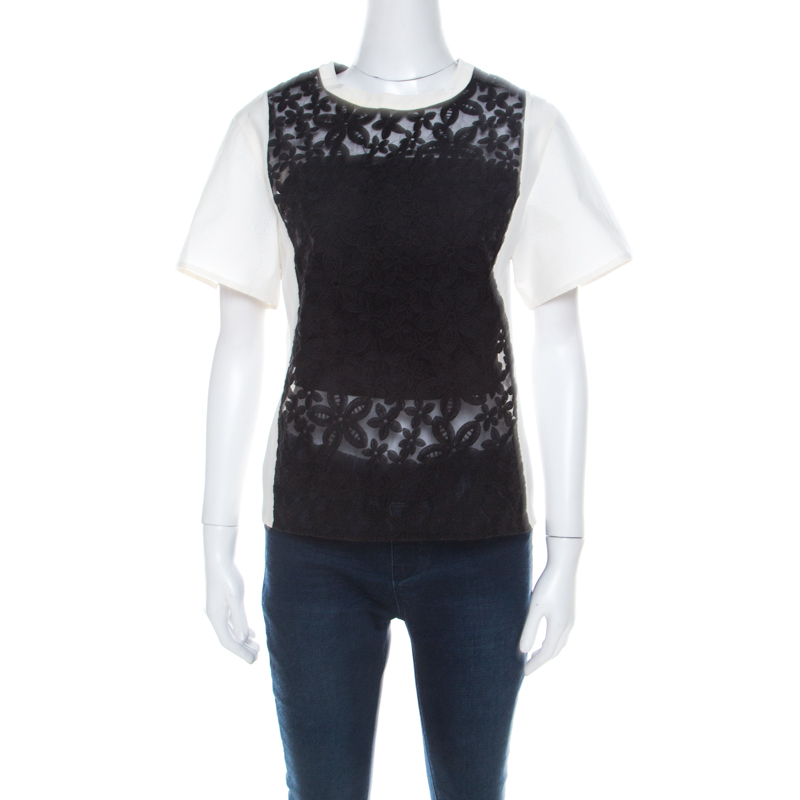 

Joseph Black and White Leather Floral Lace Detail Jill Broderie Anglaise Top M
