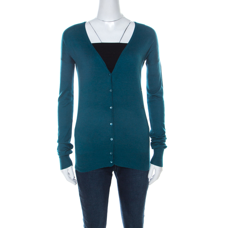 مملوكة مسبقًا Joseph Teal Blue Silk Blend Knit Button Front Cardigan S 