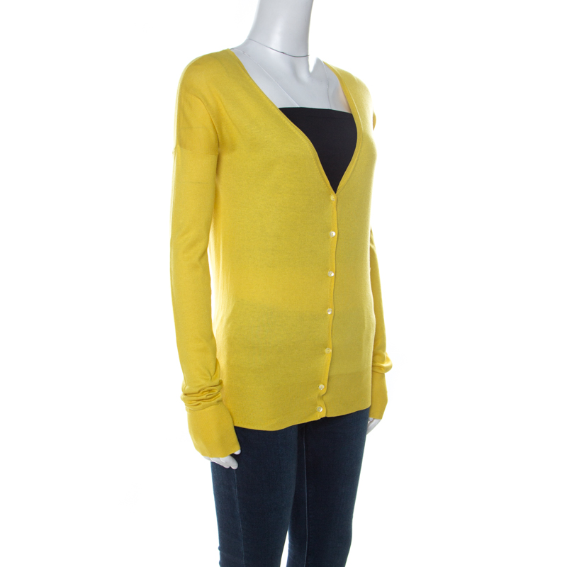 Pre-owned Joseph Yellow Silk Blend Knit Button Front Cardigan S