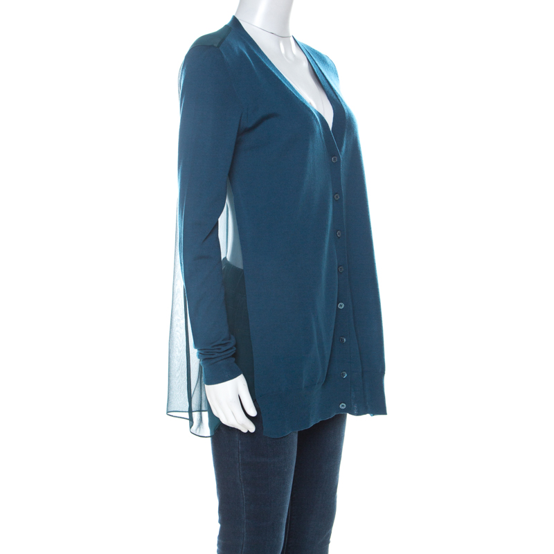 

Joseph Teal Blue Wool and Silk Paneled Button Front Cardigan