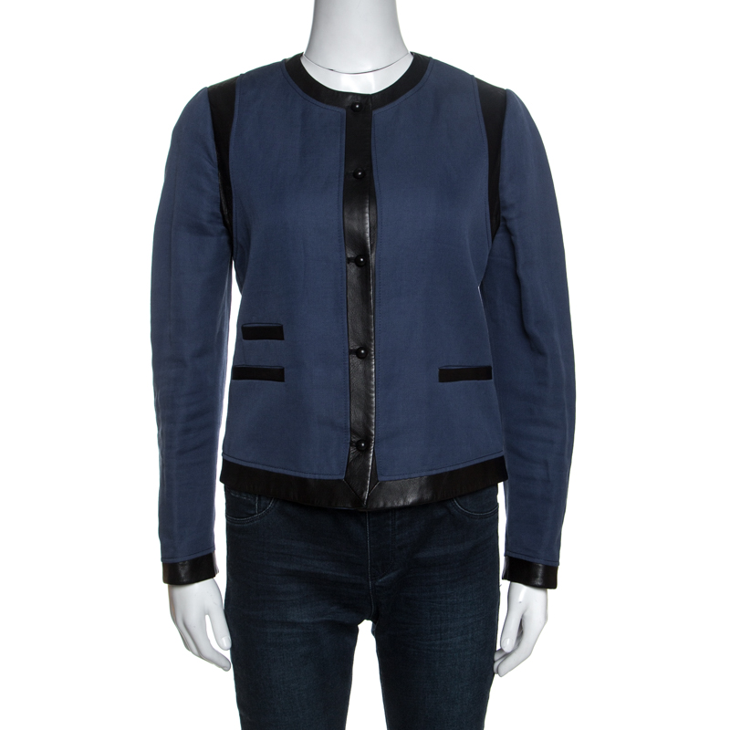 

Joseph Bicolor Cotton Leather Trimmed Jacket M, Navy blue