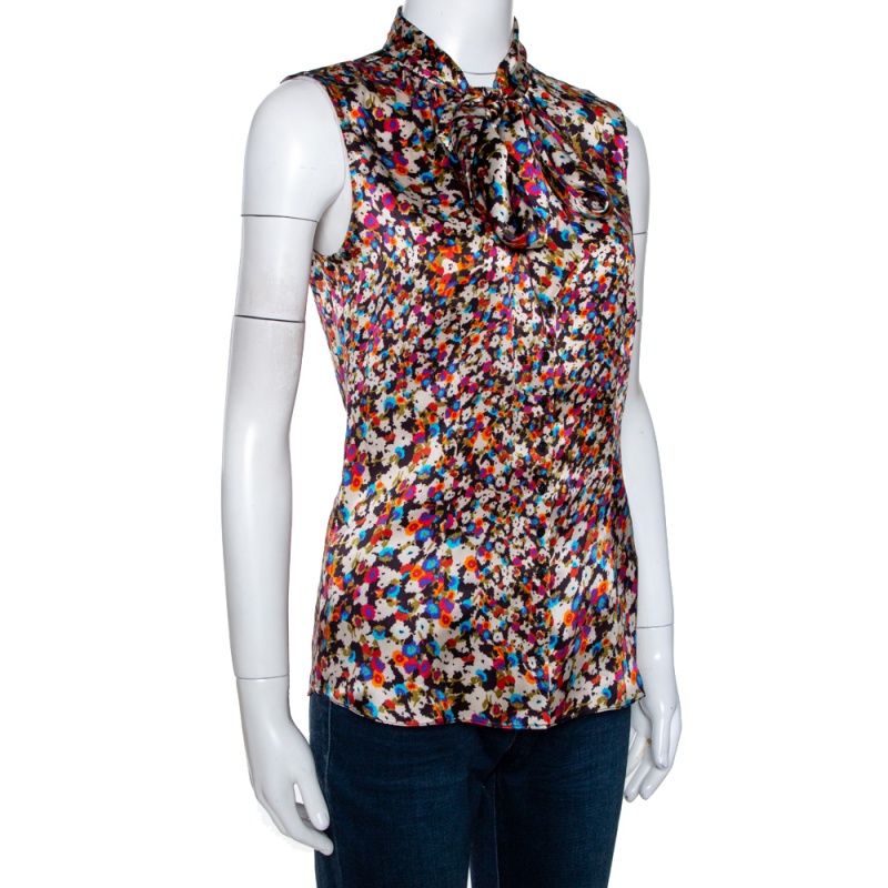 

Joseph Multicolor Floral Printed Silk Front Tie Detail Sleeveless Blouse