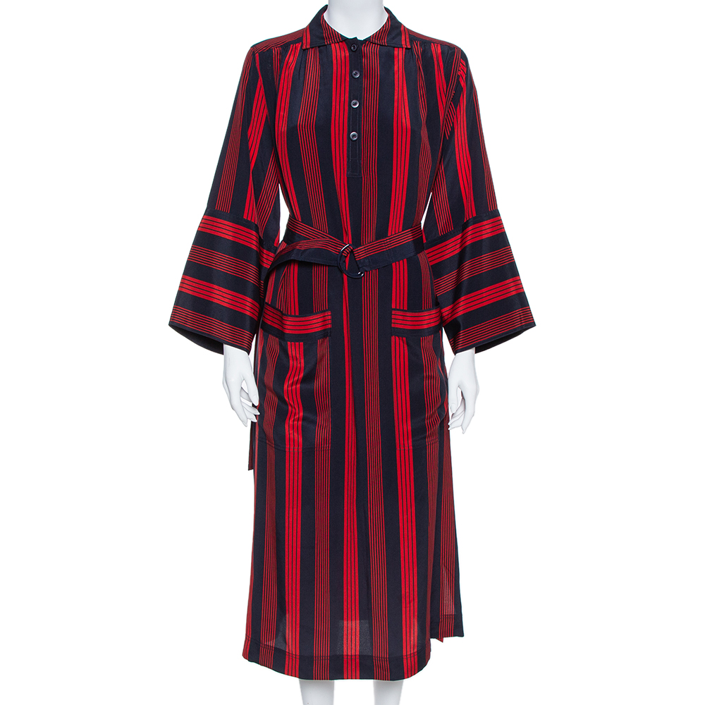 

Joseph Red/Blue Striped Chester Crepe de Chine Silk Midi Dress