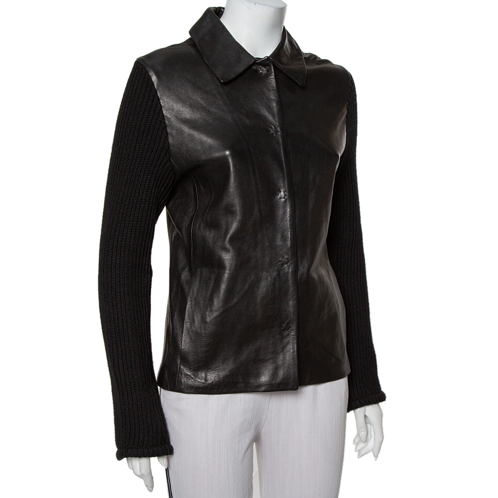 

Joseph Vintage Black Leather & Rib Knit Button Front Collared Jacket