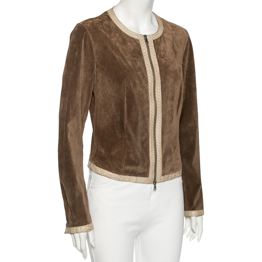 

Joseph Brown Suede Contrast Trim Detail Collarless Zip Front Jacket