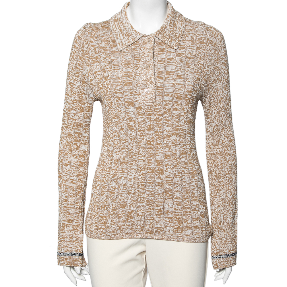 

Joseph Beige Patterned Ribbed Knit Long Sleeve Polo Sweater