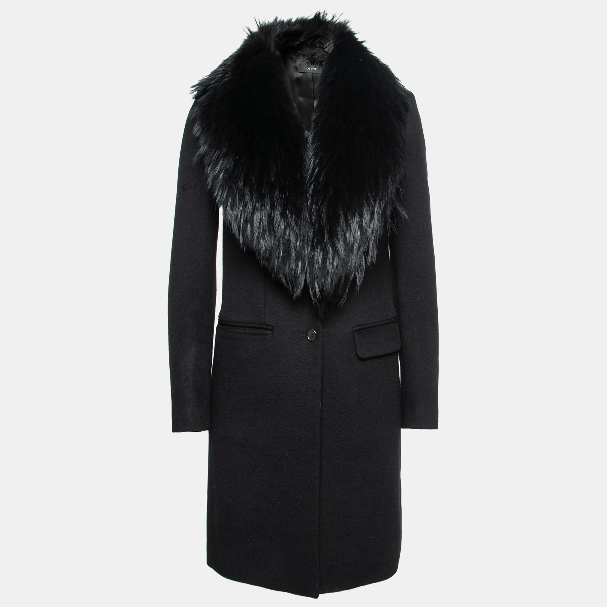 Pre-owned Joseph Black Wool Detachable Fur Collar Mid-length Coat S