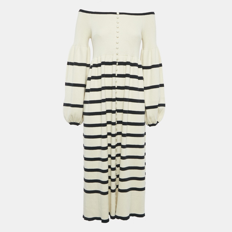 

Joslin Off-White Rib Knit Stripe Off-Shoulder Button Detail Flared Midi Dress S