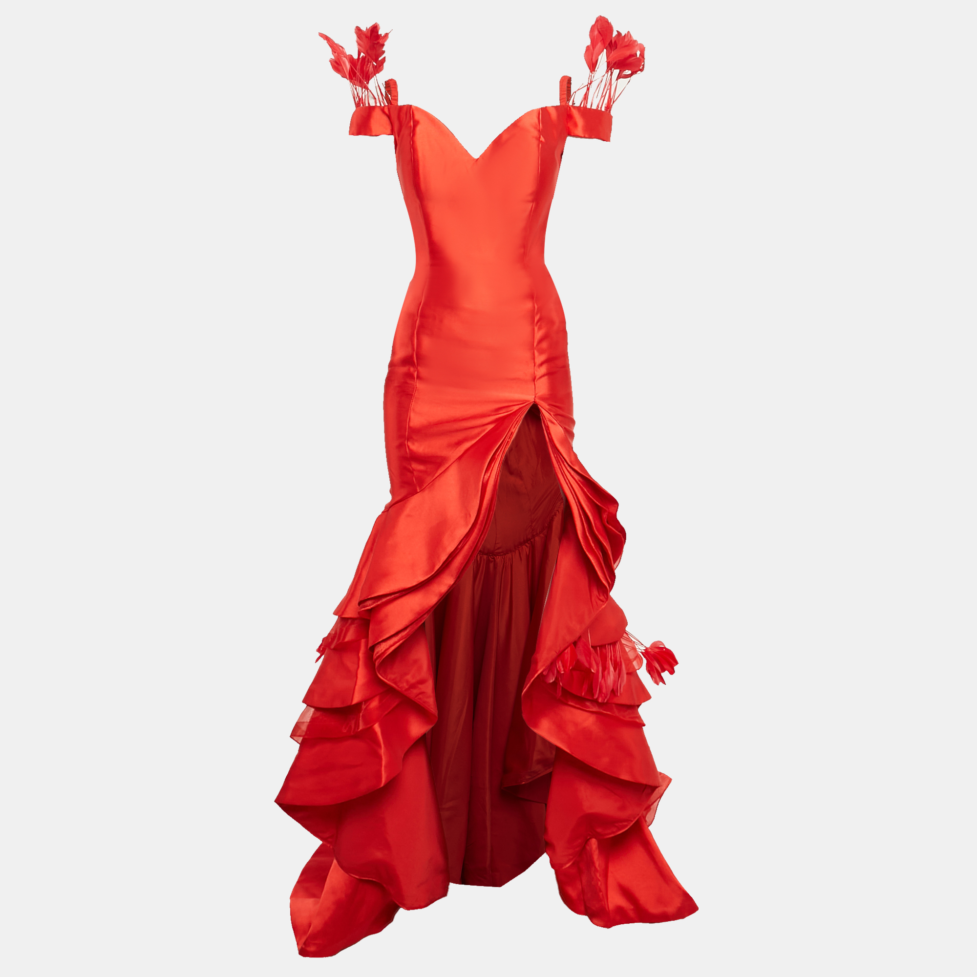 

Jovani Red Satin Crepe Feather Trim Off Shoulder Ruffled Gown S