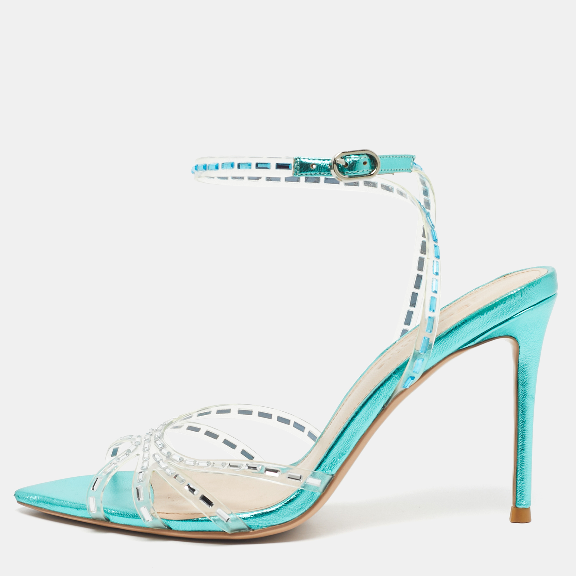 Pre-owned Jéssamiro Transparent/metallic Blue Leather And Pvc Crystal Embellished Ankle Wrap Sandals Size 39