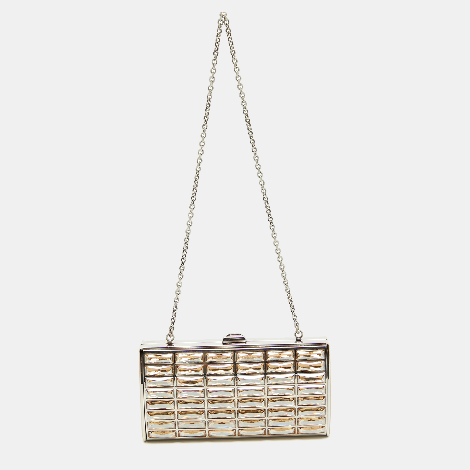 

Judith Leiber Silver/Beige Satin and Metal Crystal Goddess Chain Clutch