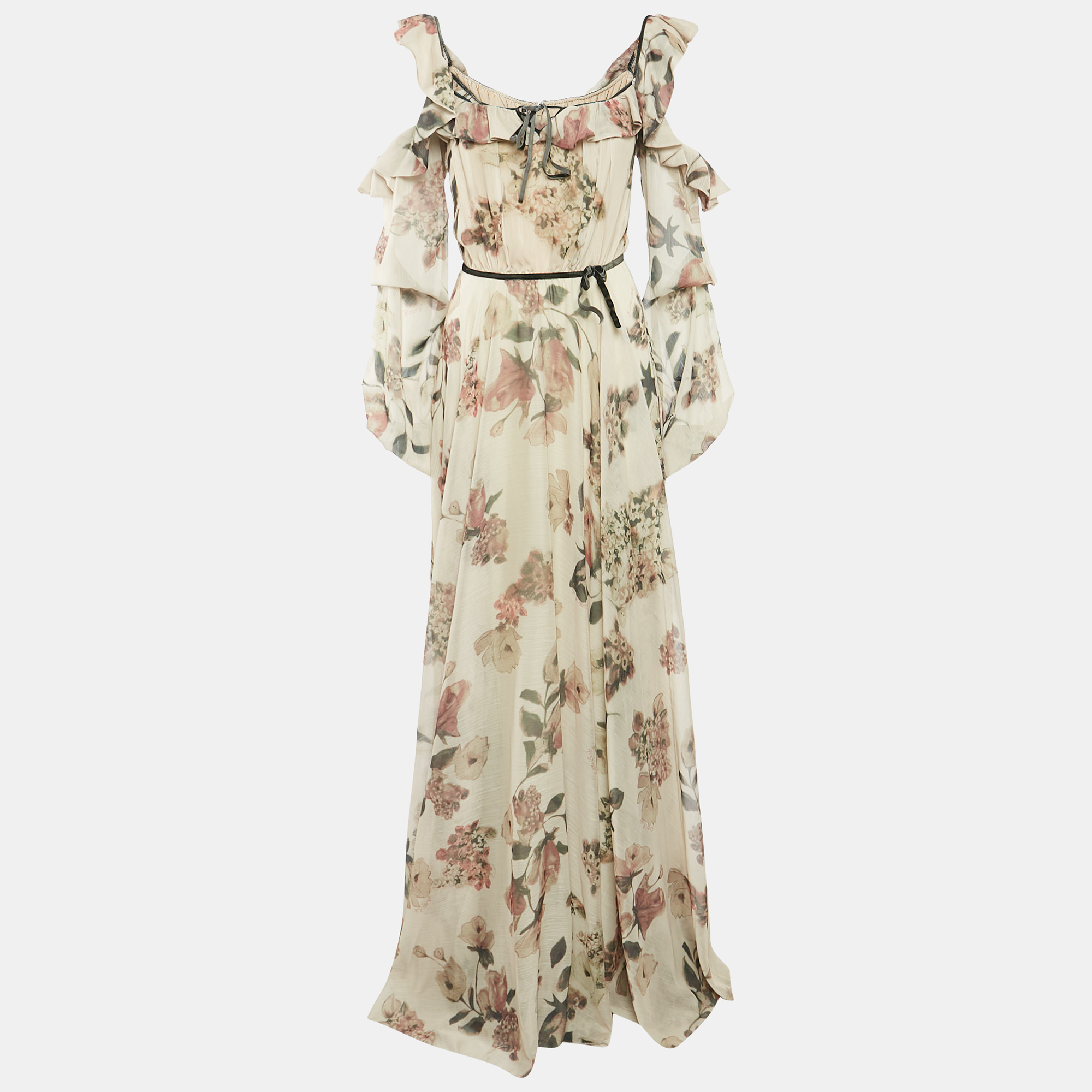 

JULEA DOMANI Beige Floral Print Crepe Cold Shoulder Maxi Dress M