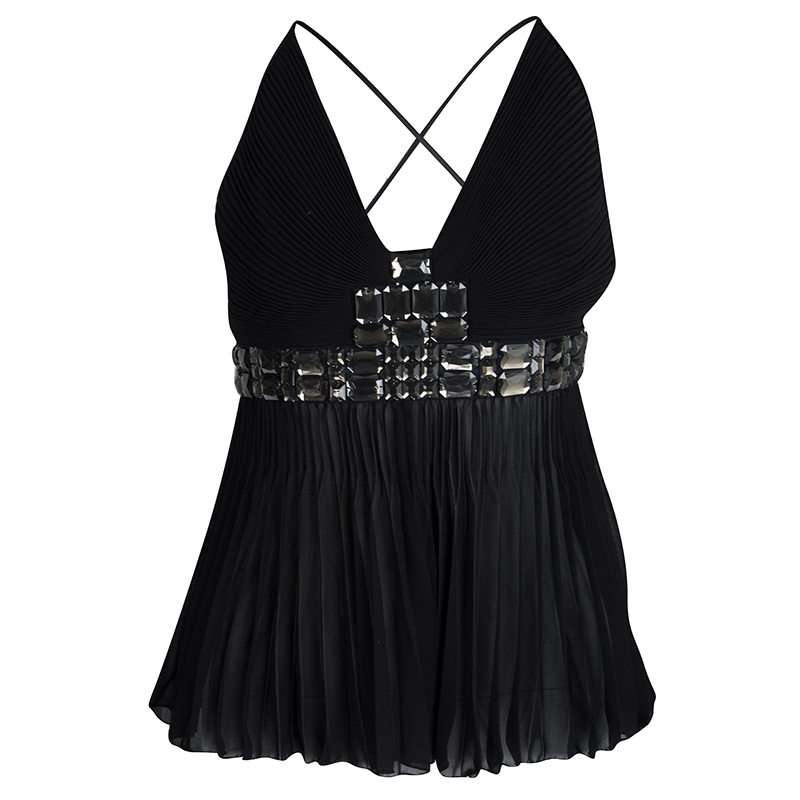 Pre Owned Just Cavalli Black Embellished Plisse Silk Sleeveless Top M