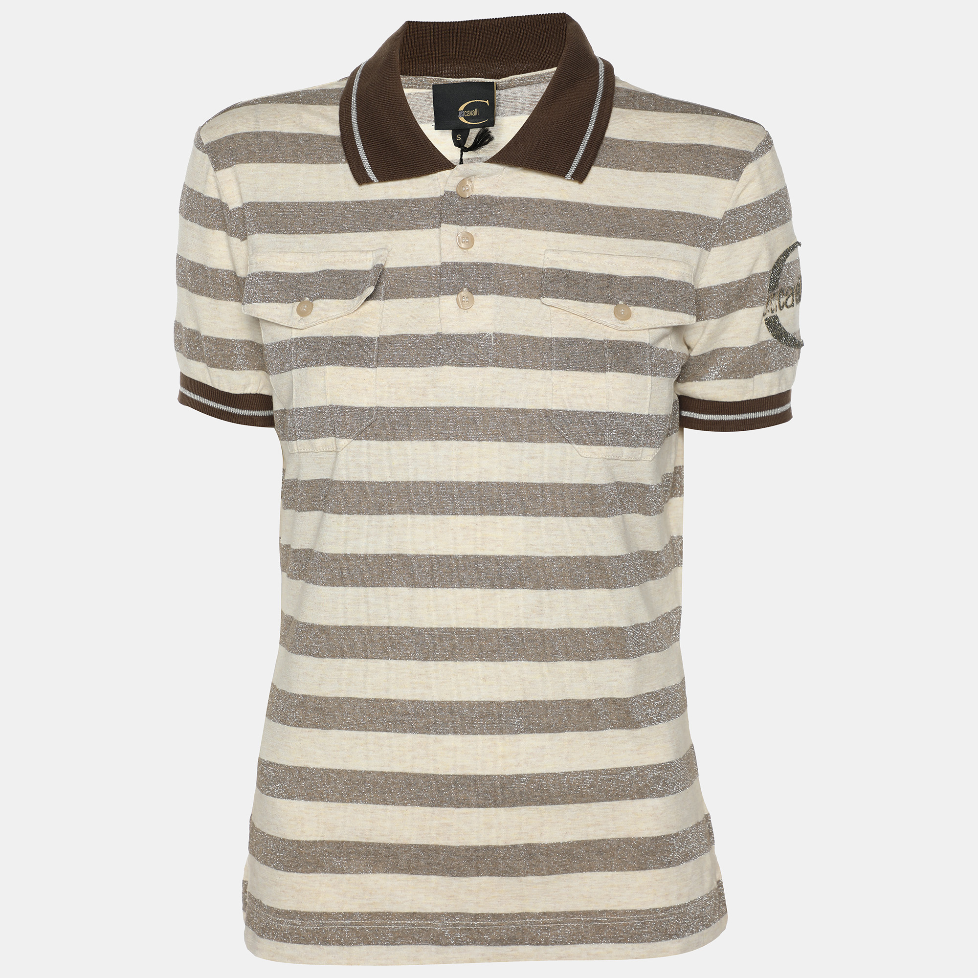 

Just Cavalli Brown/Cream Striped Viscose Blend T-Shirt S