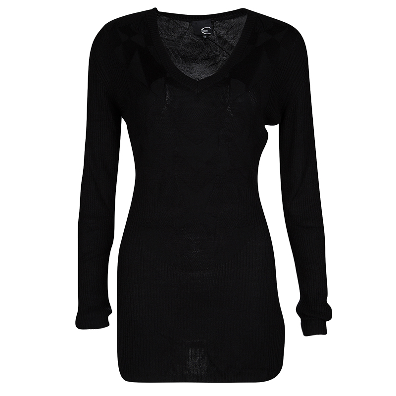Pre Owned Just Cavalli Black Silk Jersey Rib Knit Long Sleeve Top L