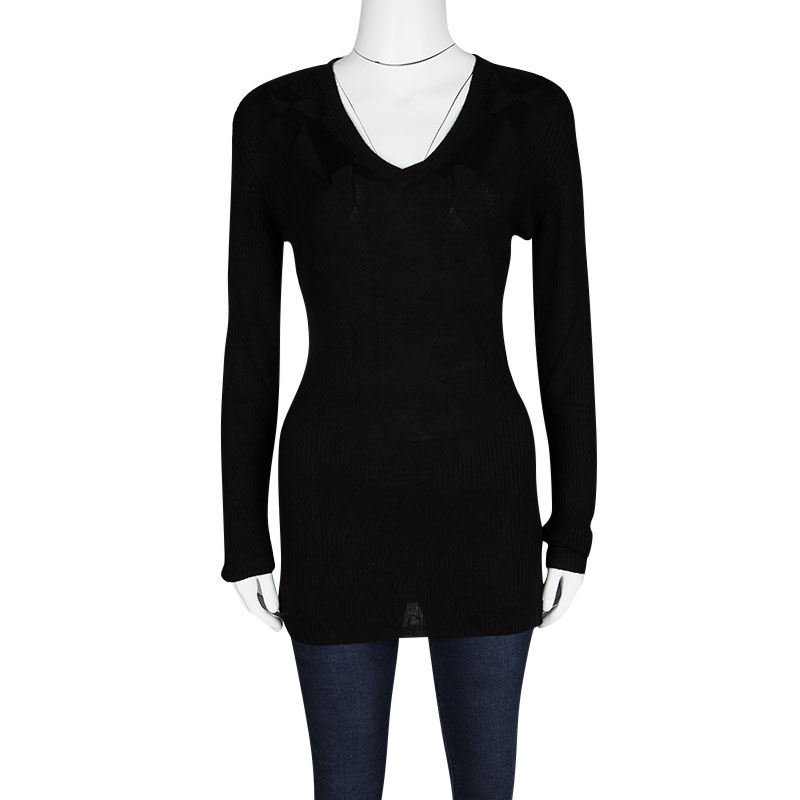 

Just Cavalli Black Silk Jersey Rib Knit Long Sleeve Top