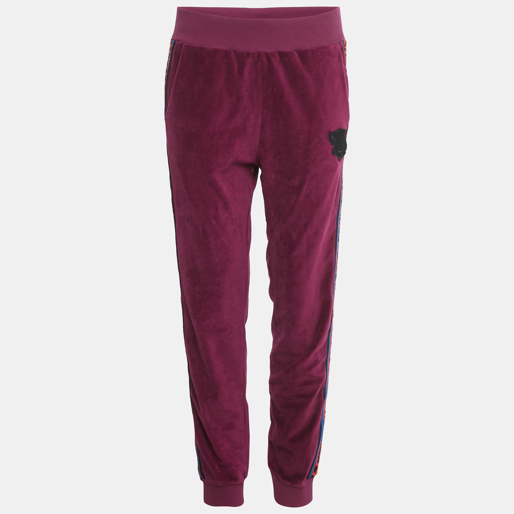 Pre-owned Just Cavalli Purple Leopard Side Stripe Velvet Joggers M In Pink
