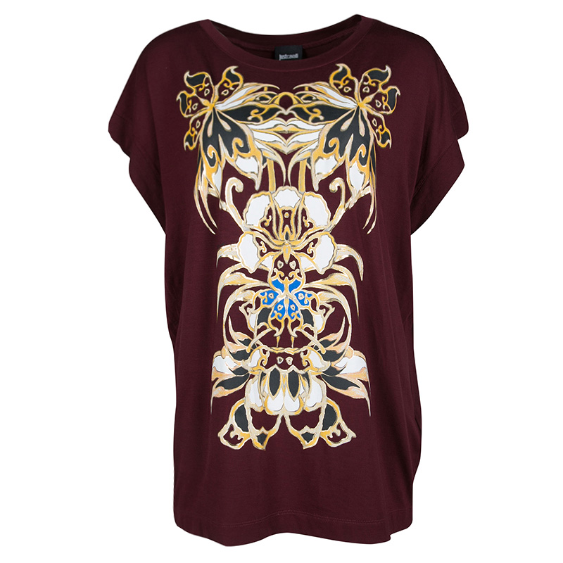Pre Owned Just Cavalli Maroon Printed Oversized T-Shirt S