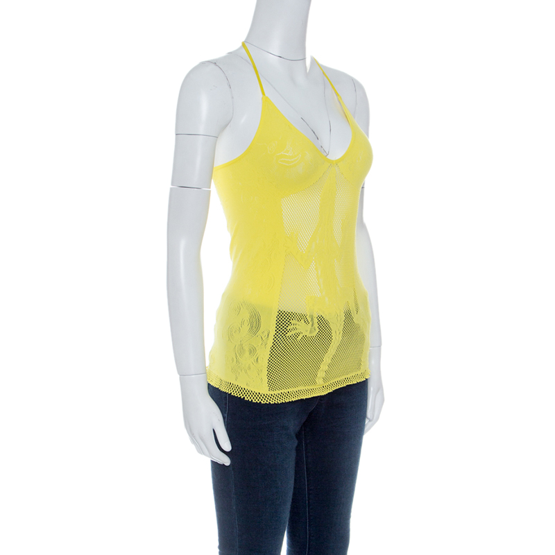 

Just Cavalli Yellow Tricot Mesh Lizard Motif Halter Top (Free Size