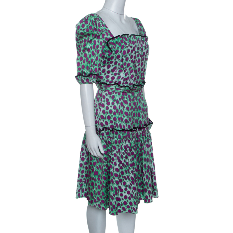 

Just Cavalli Green and Pink Leopard Printed Cotton Tiered Dress, Multicolor