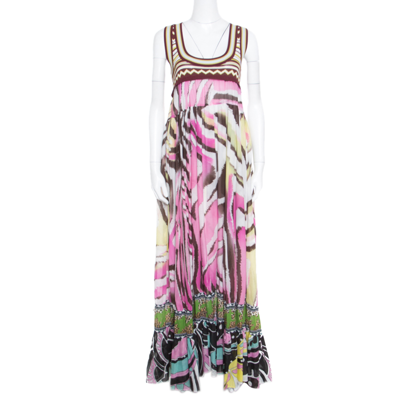 Pre Owned Just Cavalli Multicolor Printed Cotton Knit Bodice Detail Sleeveless Maxi Dress L